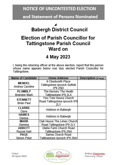 Tattingstone 2023 Election uncontested 